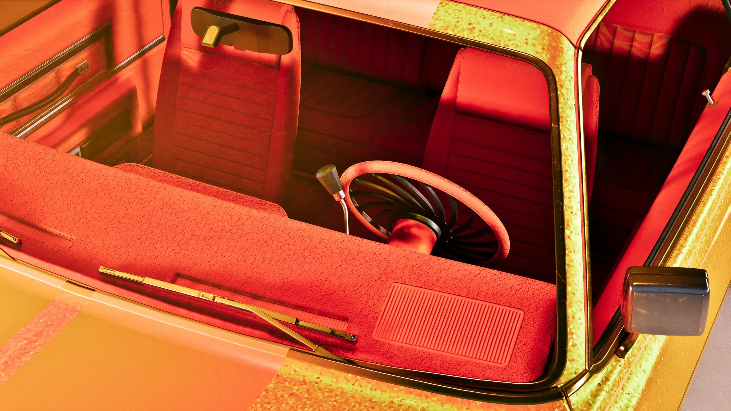 An orange and yellow donk interior with gold trim