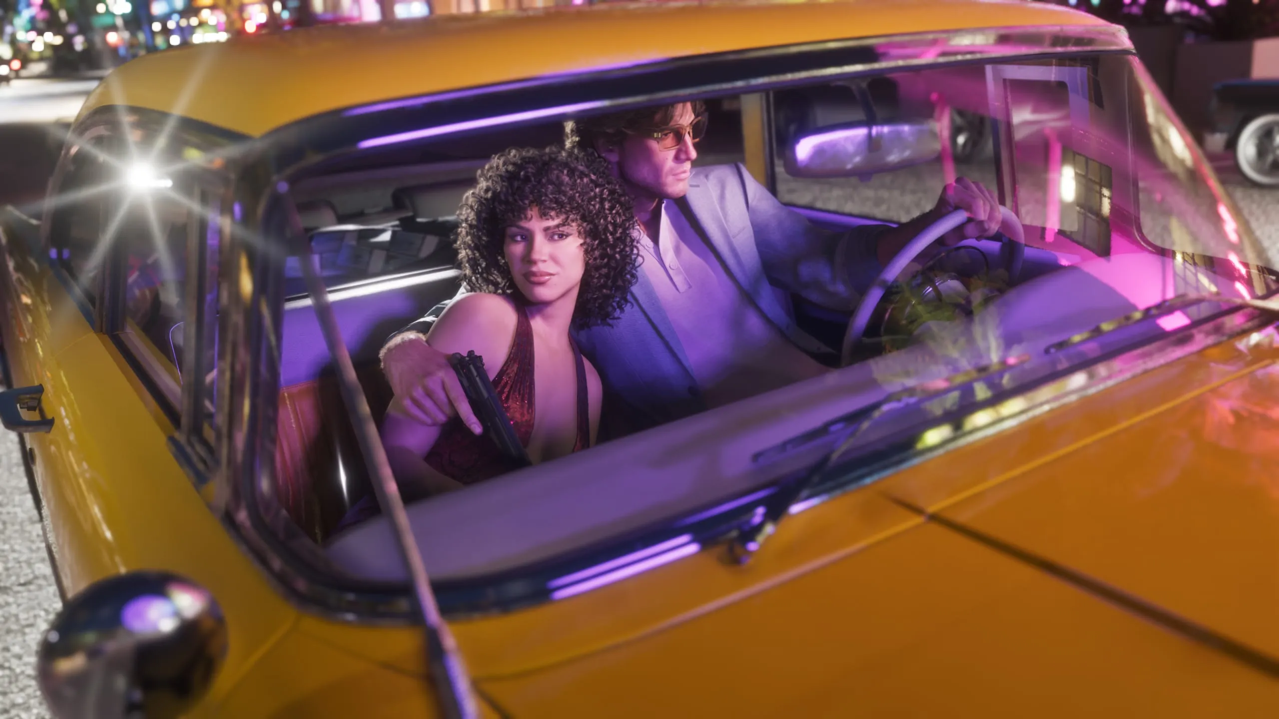 Jason and Lucia in a yellow 1955 Vapid Stanier at night