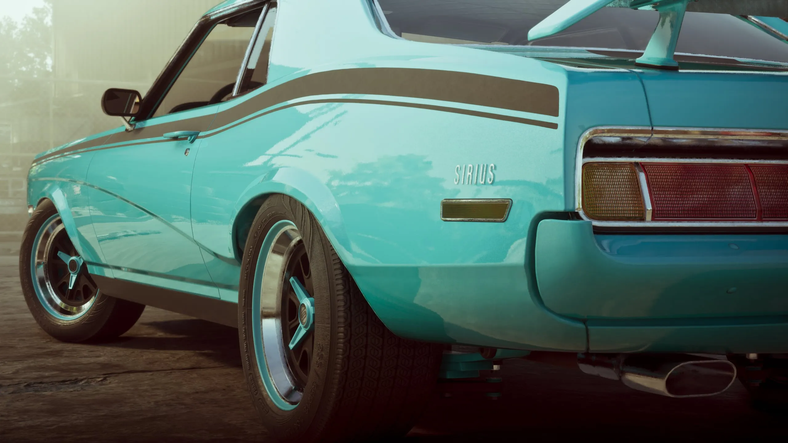A turquoise Sirius muscle car with gold stripes and a rear wing
