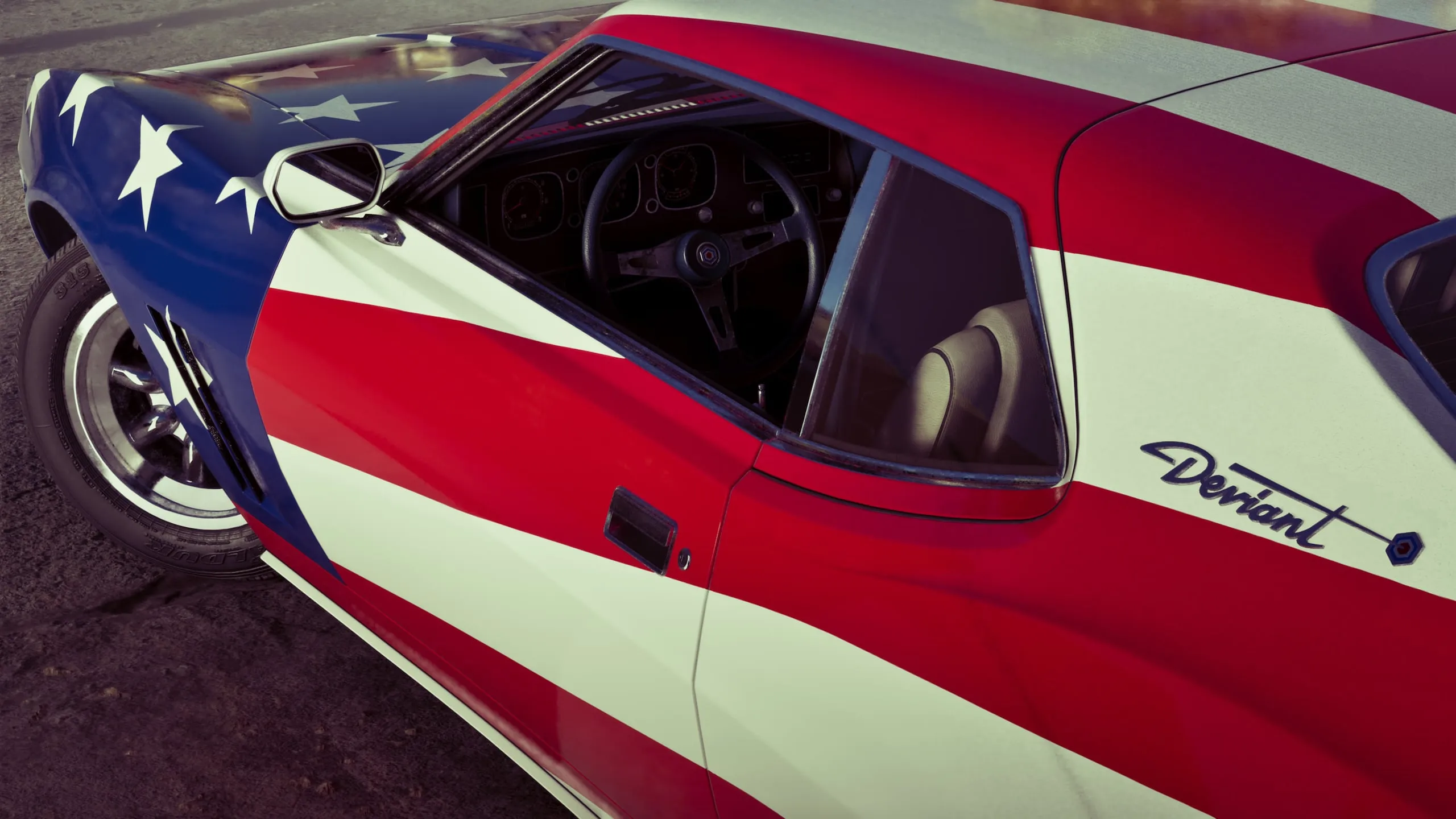 The Deviant muscle car in stars-and-stripes paint with the cabin visible