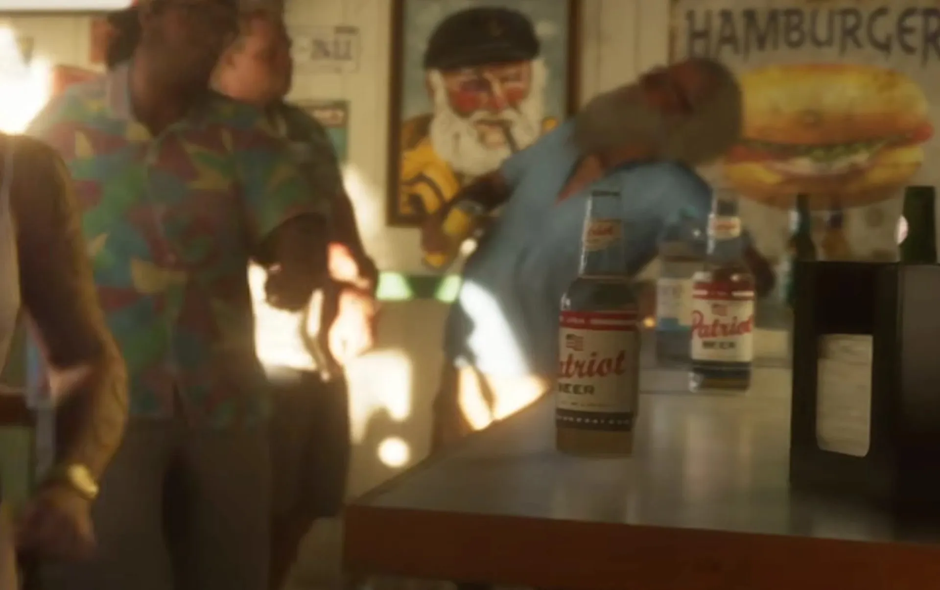 A bar table with Patriot Beer bottles