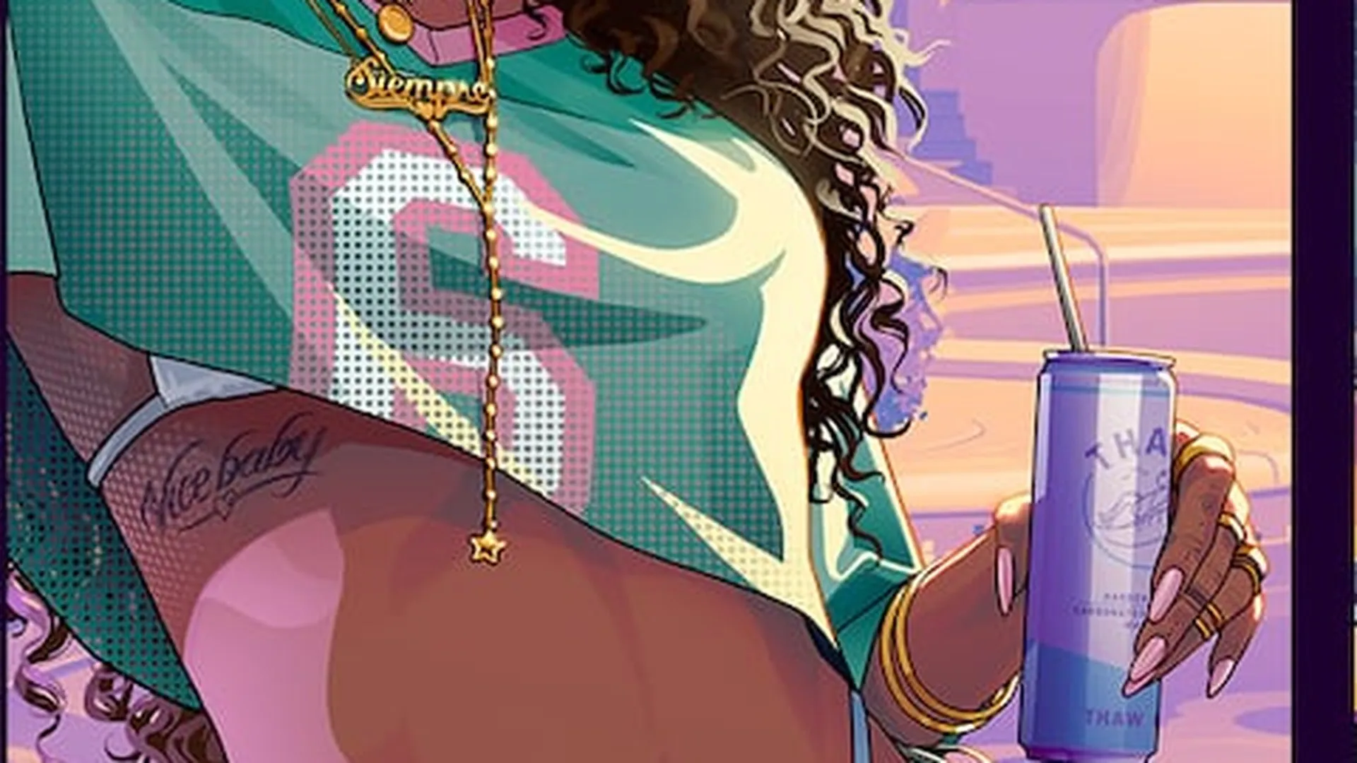 A crop of the cover art: a woman holding a Thaw can with a straw