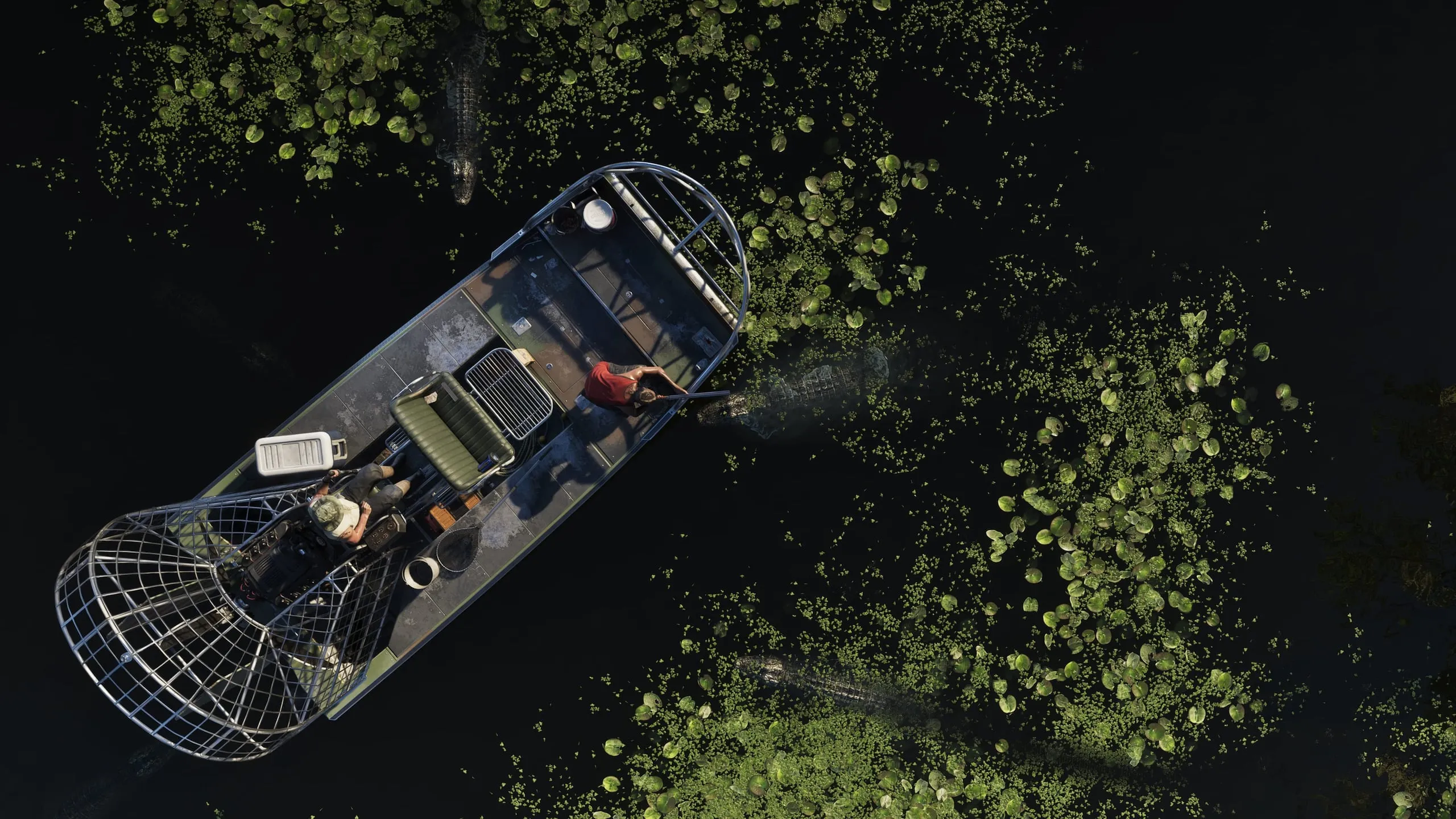 An Airgator airboat among the lilies of Grassrivers, seen from above