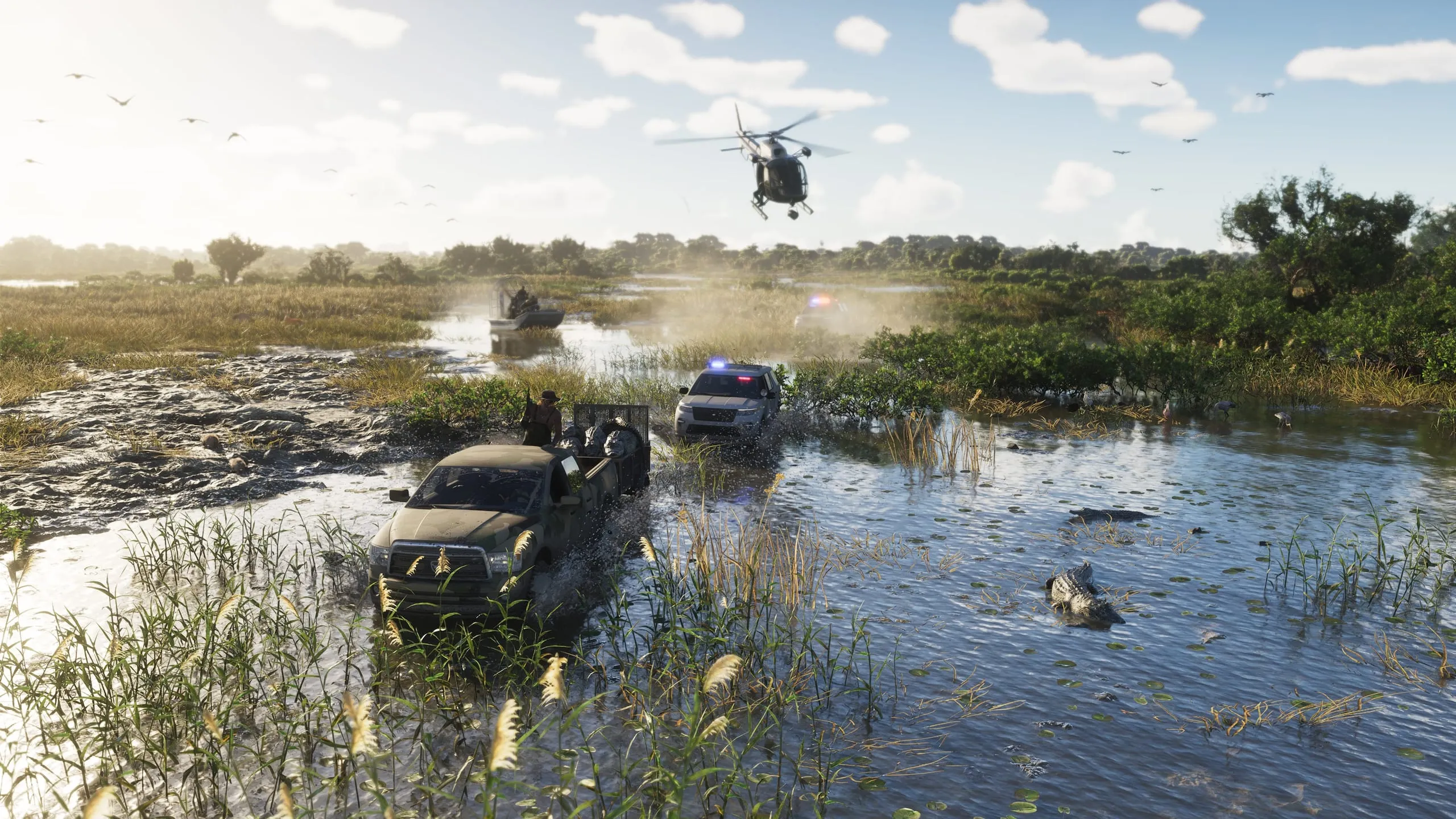 A shallow-water chase: a pickup with a trailer, a police SUV and a helicopter