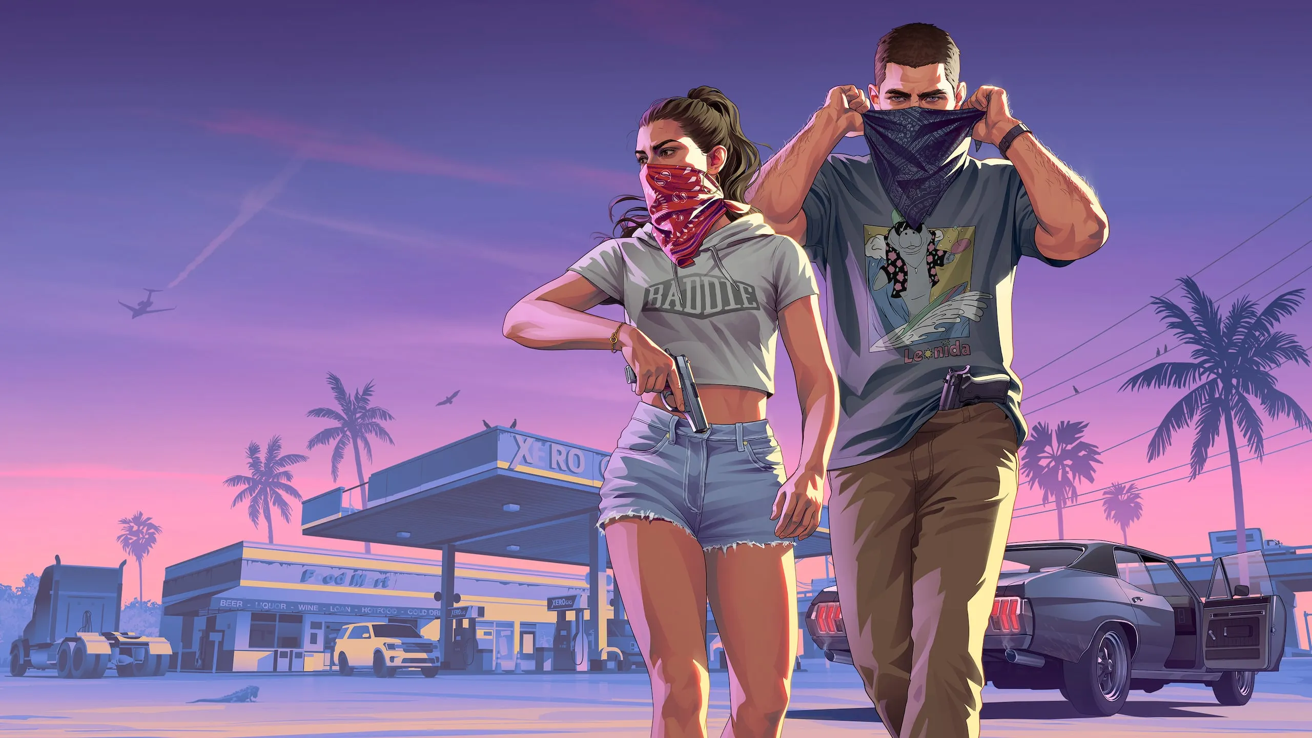 Джейсон и Лусия у заправки Леониды — официальный арт Rockstar Games