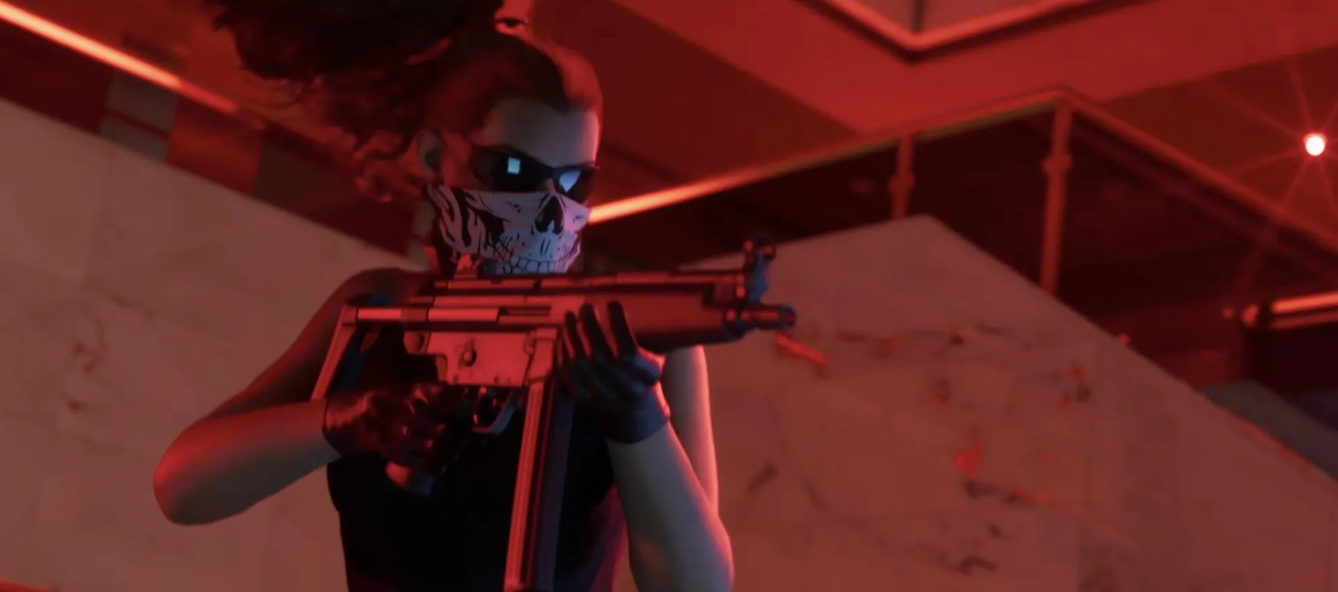 Lucia in a skull mask holding an MP5-pattern submachine gun during the bank robbery