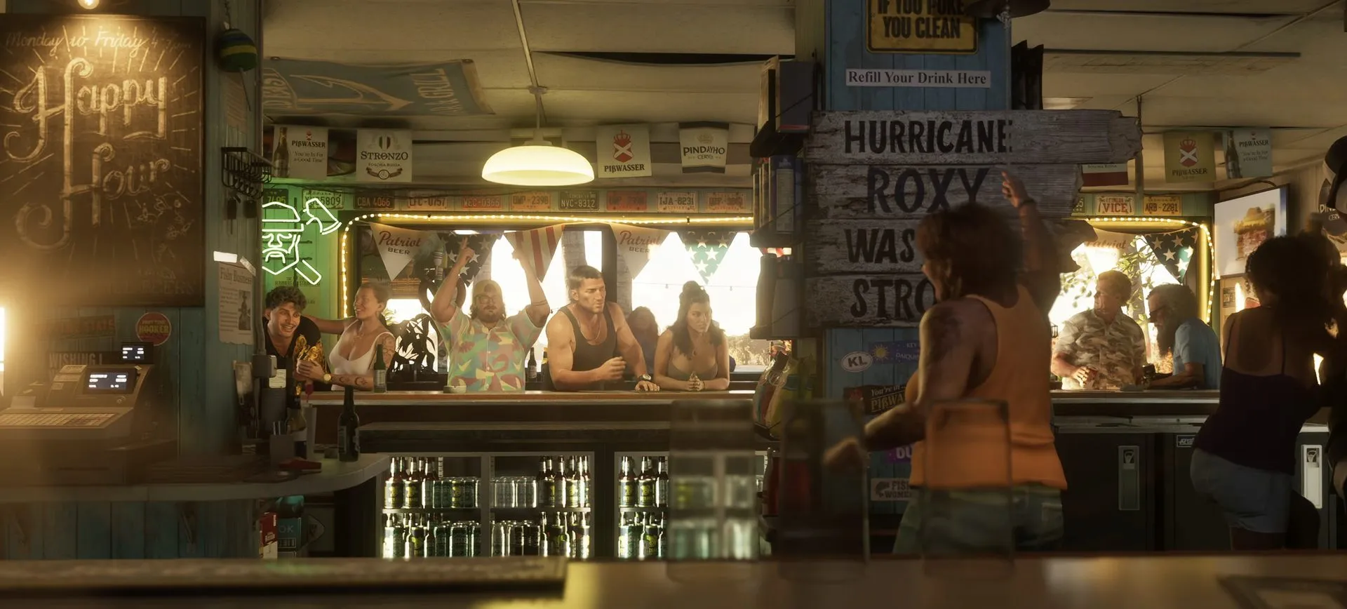 Барная стойка с неоном Happy Hour и вывеской Hurricane Roxy