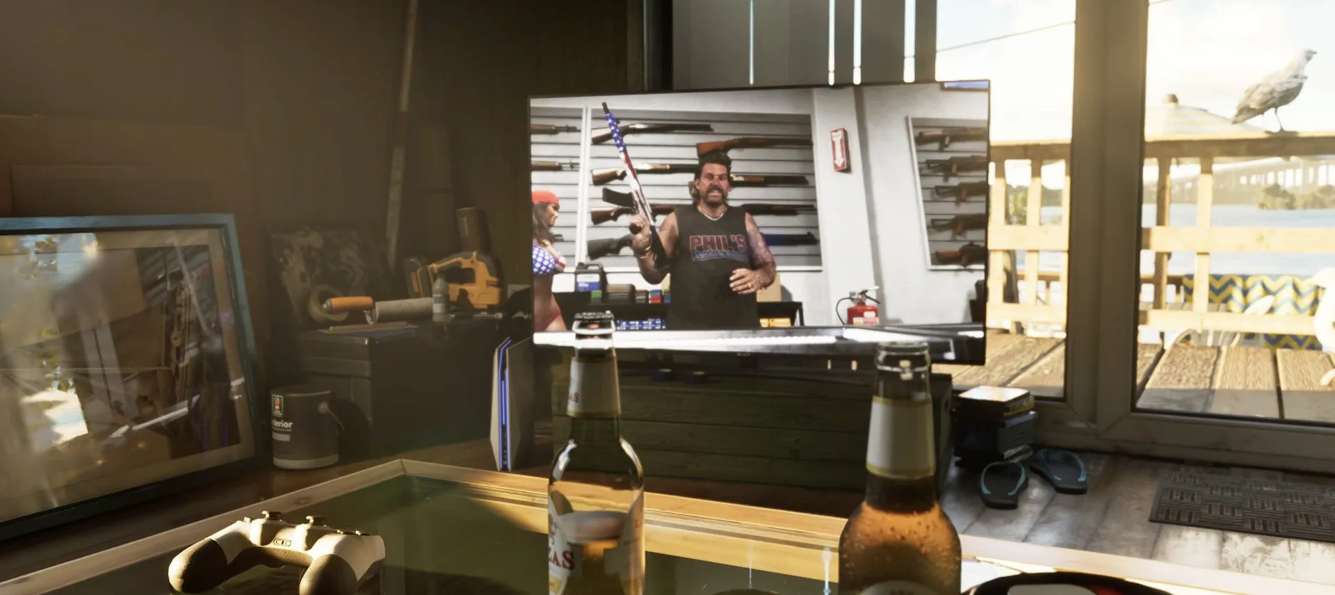 Phil's Ammu-Nation advert playing on a television in Jason's house