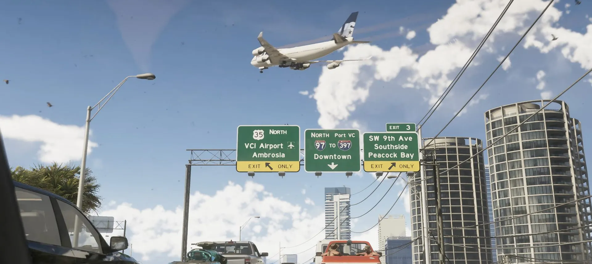 Дорожные указатели с направлениями VCI Airport, Ambrosia, Downtown, Southside