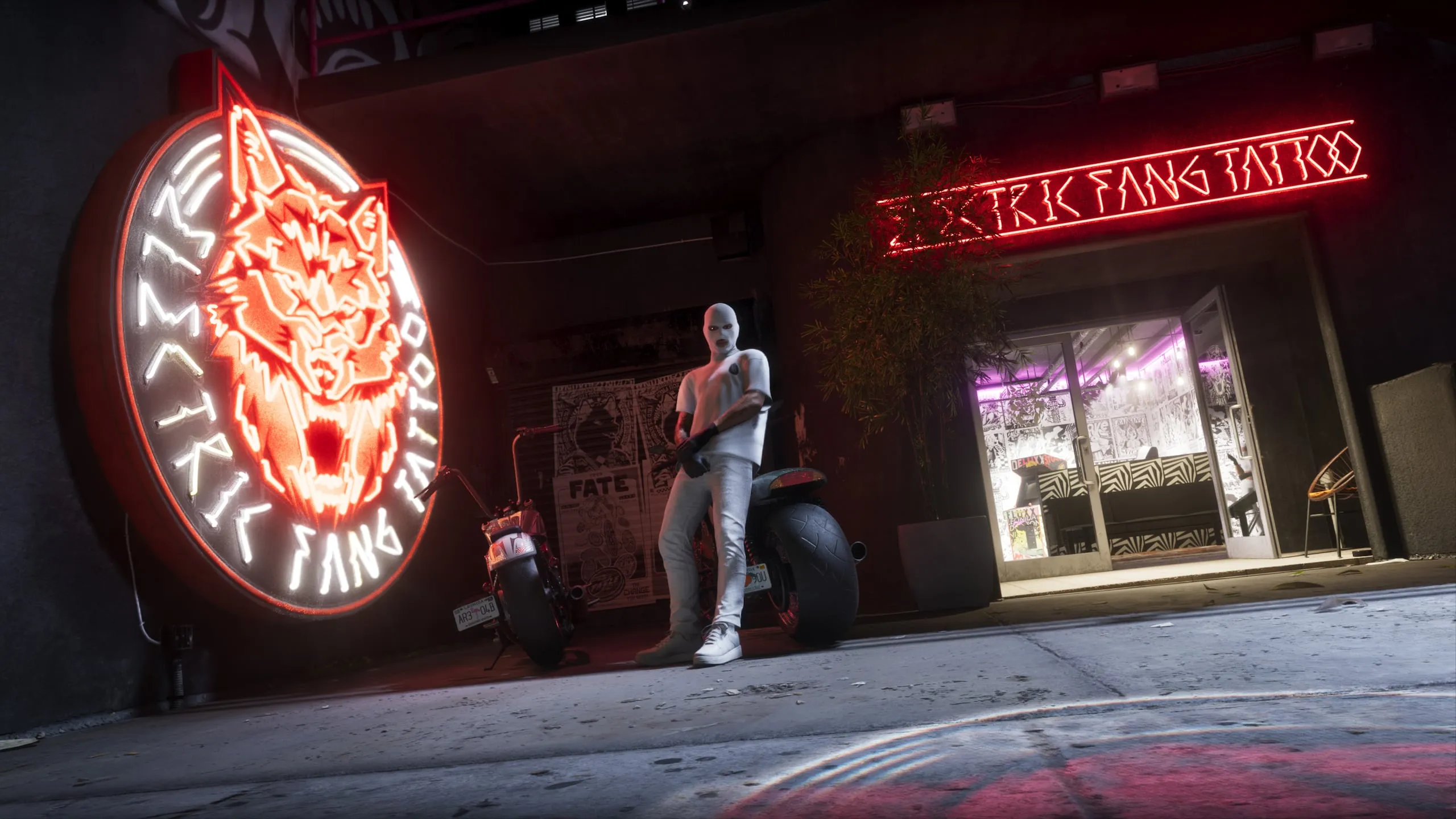 The Electric Fang tattoo parlor with a neon wolf