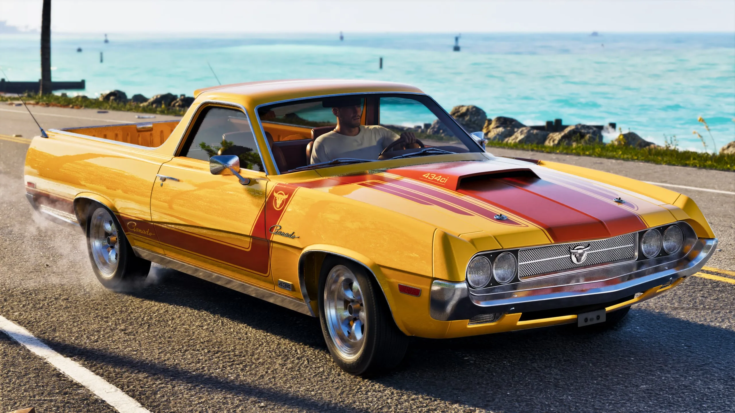 The yellow Vapid Ganado ute on a coastal highway