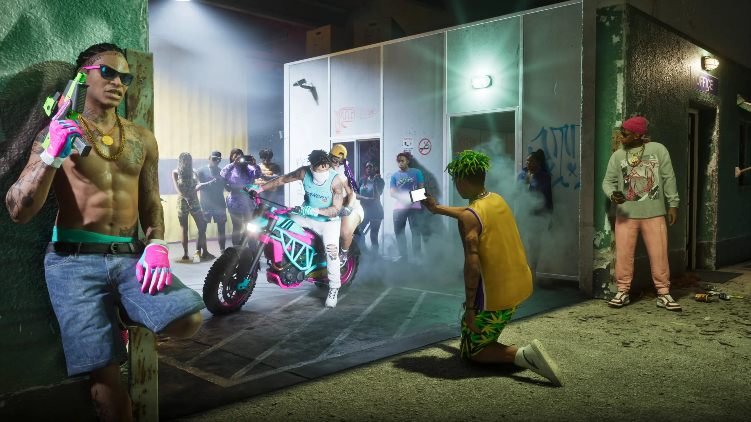 An underground hangout by a warehouse with a neon e-bike