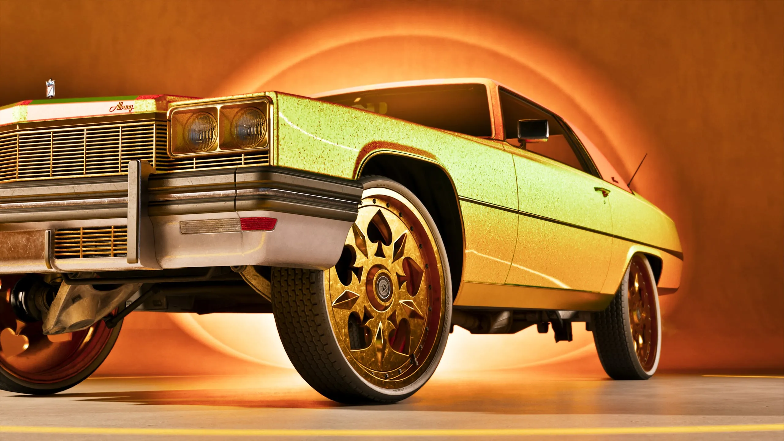 A lime-green Albany donk on gold wheels with card-suit spokes
