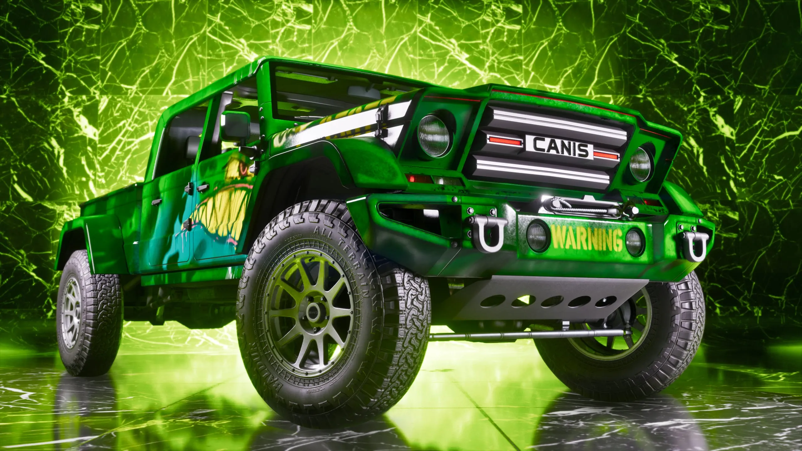 The green Canis truck with a snake livery from One-Eyed Willie's